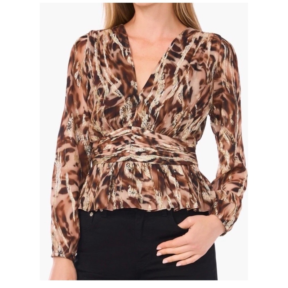 Parker Womens Brown Animal Print Metallic Lurex Peplum Blouse Size M Mob Wife